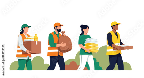 Diverse volunteers in safety vests carry food boxes and donations outdoors