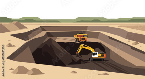 Yellow excavator and dump truck working in an open-pit coal mine at daytime