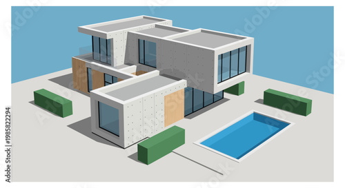 Modern house with pool in minimalist style with gray and blue colors in daytime lighting for real estate