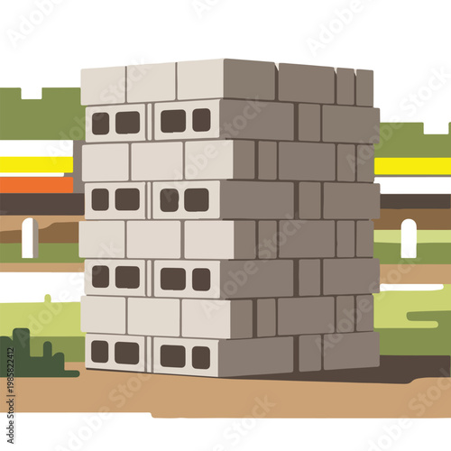 A stack of rectangular gray concrete masonry units set against a park background