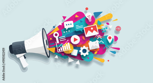 Abstract megaphone with colorful icons and geometric shapes bursting out, vibrant composition, ideal for marketing campaigns, social media promotion, and advertising design.