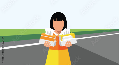 A girl in a yellow dress stands on a road holding boxes of facial tissues