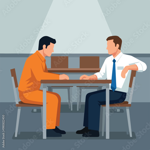 A prisoner in an orange jumpsuit sits across from a lawyer in an interview room