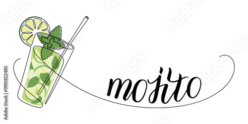 Glass of mojito cocktail with mint and straw and text. Continuous line drawing.