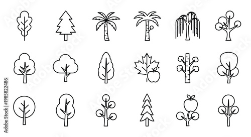 Collection of various tree icons in simple black and white line art