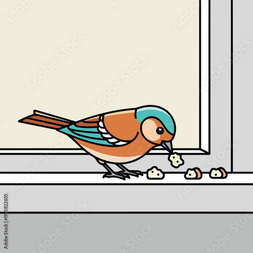 A stylized cartoon bird with blue and orange feathers eats crumbs on a windowsill