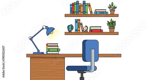 A colorful illustration of a study desk with books and a lamp