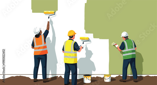 Three workers in safety gear use rollers and brushes to paint a large white wall