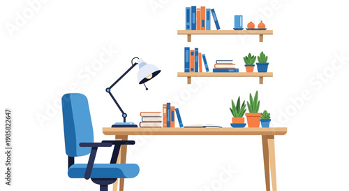 A brightly colored minimalist home office setup with books and plants