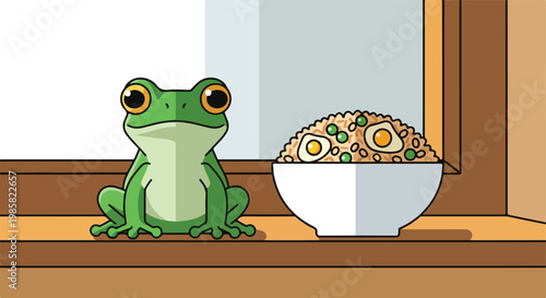 A cartoon green frog sitting next to a white bowl of fried rice on a windowsill