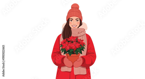 Woman in winter clothing holding a vibrant red poinsettia plant