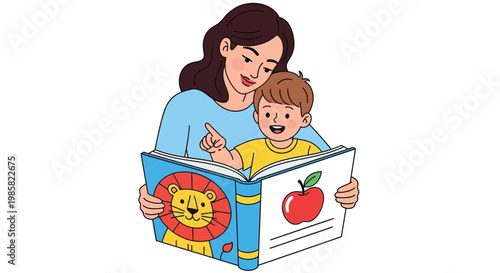 A mother reads a colorful storybook to her young engaged son