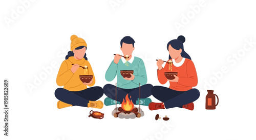 Group of Friends Enjoying Camping Firepit Snack Break