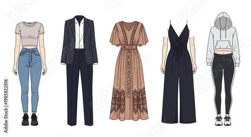Fashion illustration displaying five diverse outfits on faceless figures