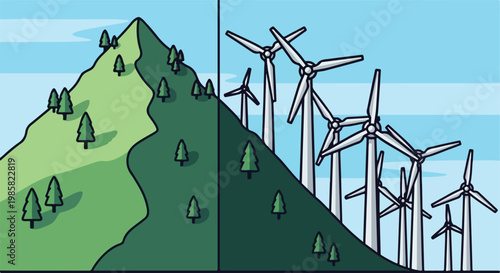 A split illustration showing a forested mountain side versus a wind turbine farm