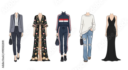 Fashion illustration showcasing five different women s outfit designs