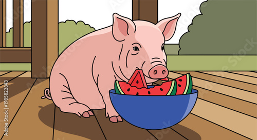 A cute pink pig sitting on a porch eating watermelon slices from a blue bowl