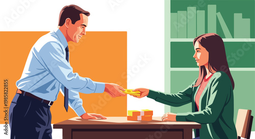 Man in a shirt and tie hands a stack of banknotes to a woman across a desk