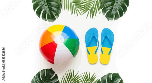 Summer vacation icons, beach ball, flip flops, tropical leaves, colorful summer symbols