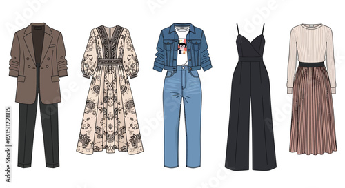 Fashion illustration displaying a variety of contemporary clothing items