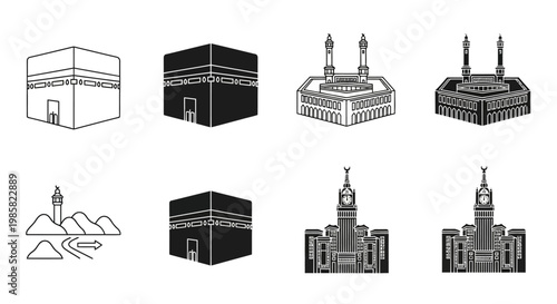 Collection of Islamic architectural icons and symbols, including the Kaaba and minarets, representing pilgrimage and religious sites