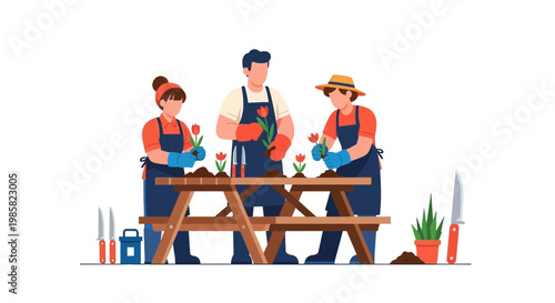 Family Gardening Session with Plants and Tools in Backyard