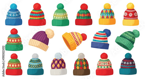 Colorful collection of knitted winter hats arranged on a white background