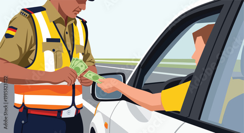 A traffic officer in a high-visibility vest receives money from a car driver