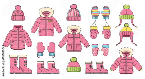 Colorful winter clothing collection featuring coats hats mittens and boots