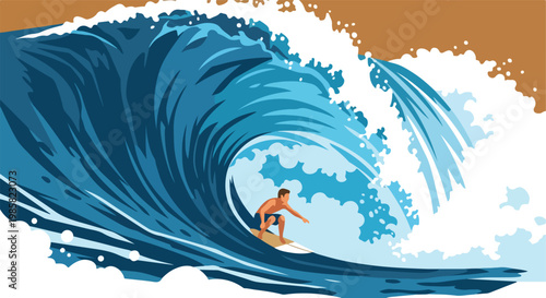A lone male surfer rides inside the tube of a large breaking ocean wave at sea