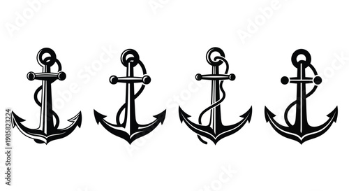 Four vintage nautical anchors in a black and white illustration