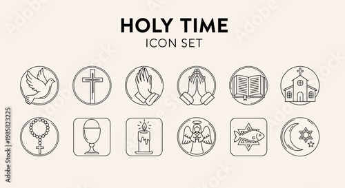 Diverse collection of holy time religious and spiritual line icons, symbolizing faith, devotion, and sacred traditions from various beliefs