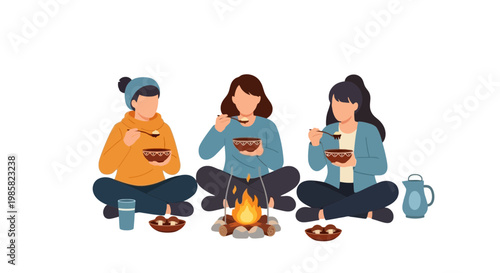 Group of Young Women Sitting Cross-Legged Around Campfire with Hot Drinks