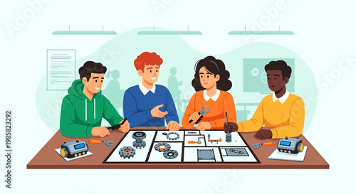 Enthusiastic Students Collaborating on Robotics Project in Classroom.