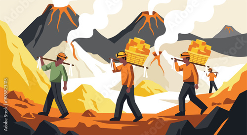 Workers carry baskets of sulfur from an active volcanic landscape in flat art