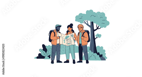 Group of hikers studying a trail map outdoors in nature
