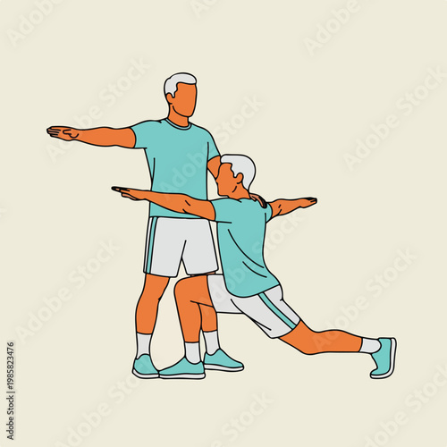 Two men in activewear practicing yoga or fitness poses together in a studio