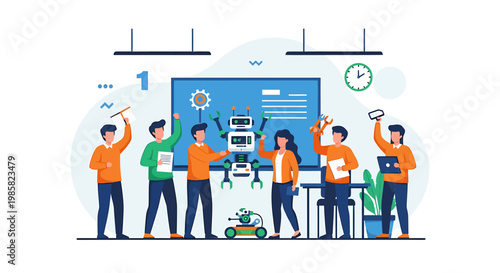 Enthusiastic Team Assembling a Robot in a Collaborative Project.