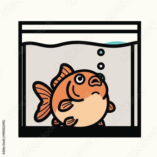An orange goldfish swimming inside a square glass aquarium with rising bubbles