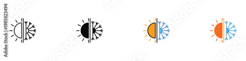 Sun and snowflake split icon set for weather and thermal insulation concept. Hot and cold climate control symbols. Vector Illustration.