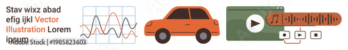 Data analysis, transportation, digital media, connectivity, audio streaming, multimedia services. Graph with lines, orange car and media player interface. Data analysis and transportation