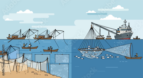 A comparison of traditional and industrial fishing methods on the open blue ocean