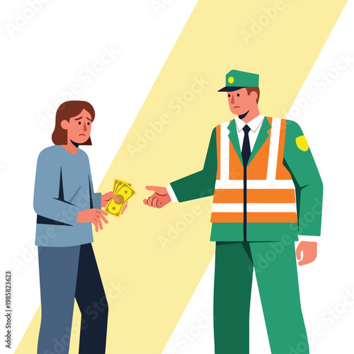 A sad person offering a bribe of paper money to a stern uniformed officer agent