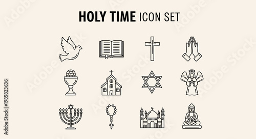 Comprehensive outline vector icon set illustrating global religious symbols and spiritual concepts, representing various faiths and sacred traditions