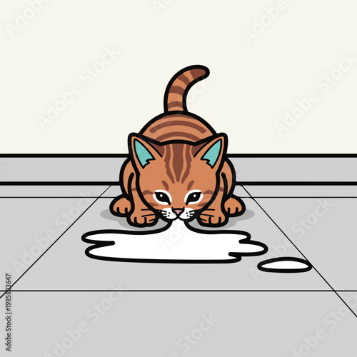 A cute, cartoonish brown tabby kitten lapping up a puddle of white milk on tiles