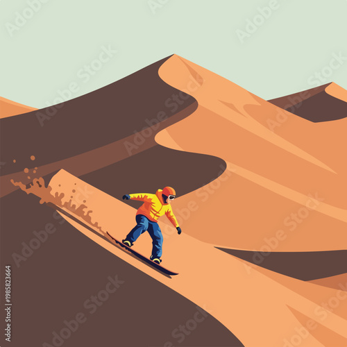 A snowboarder in a vibrant yellow jacket glides down massive orange sand dunes