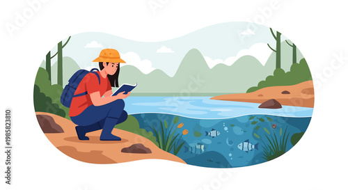 Female Biologist Examining Water Quality During Field Research.