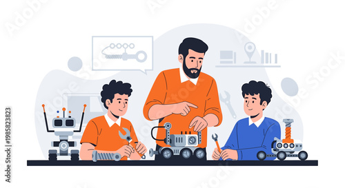 Father and Sons Engaging in Robotics Project at Home.