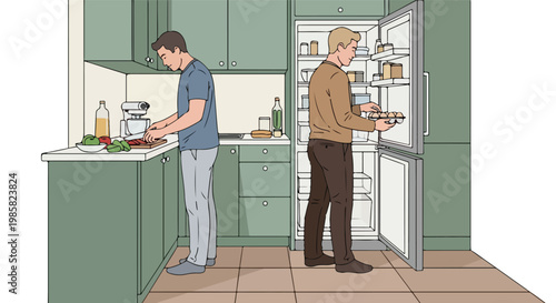 Two men preparing food together in a modern green kitchen with an open fridge