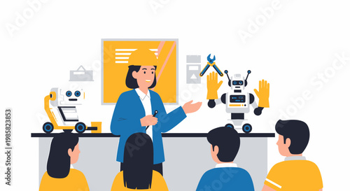 Female Instructor Teaches Robotics to Students in Classroom Setting.